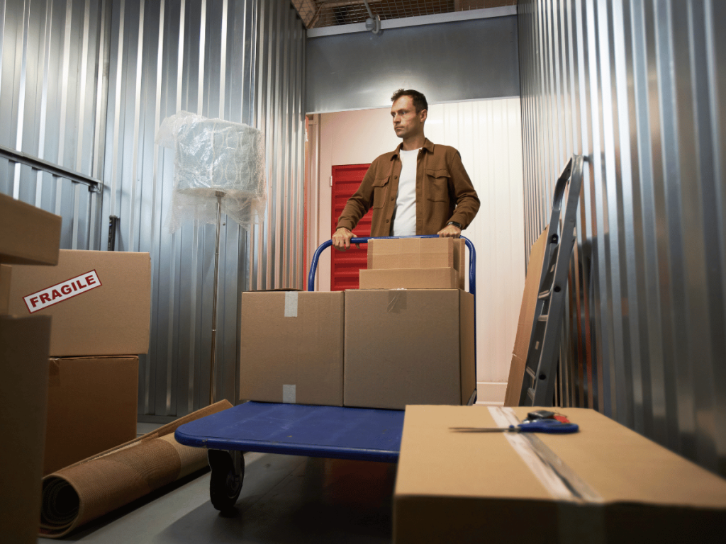 a man uses a trolly to move boxes into an organised storage unit